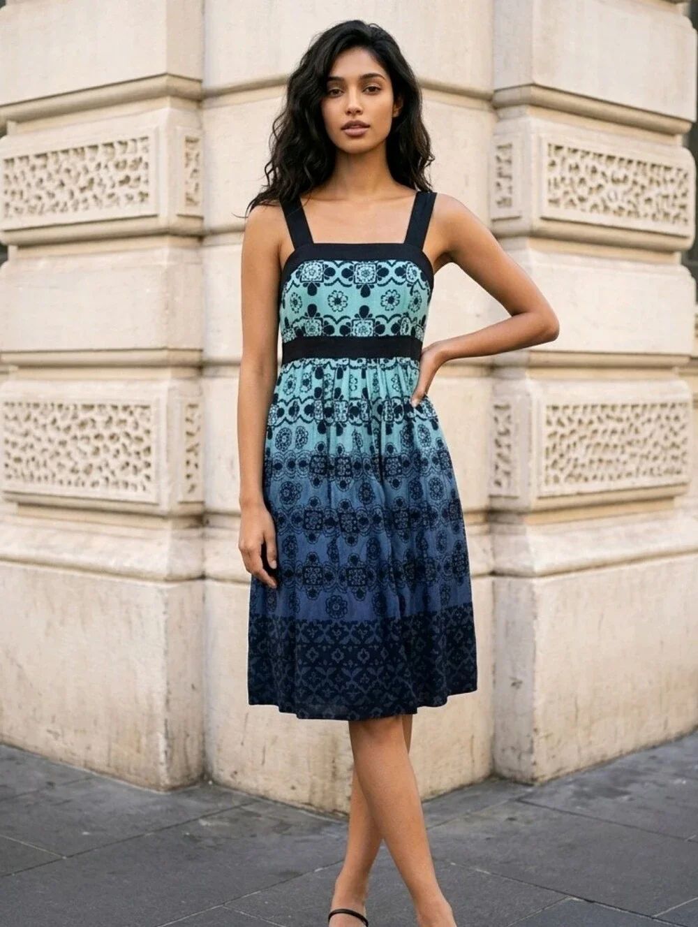 Apt 9 Ombre Floral Dress 4 Teal Blue Babydoll Sundress Sleeveless Mini Summer